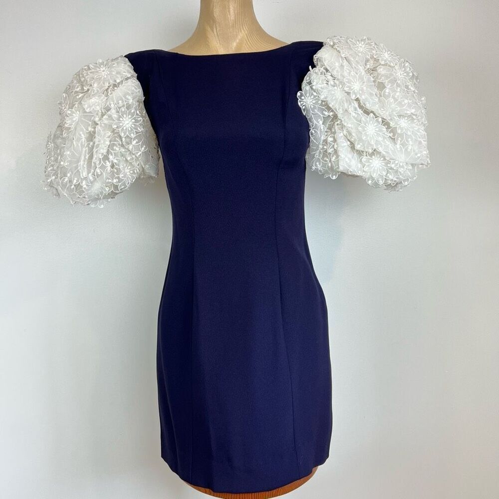 Vintage 70s 80s Victor Costa Womens 4 Blue White Lace Puff Sleeve New Year Dress